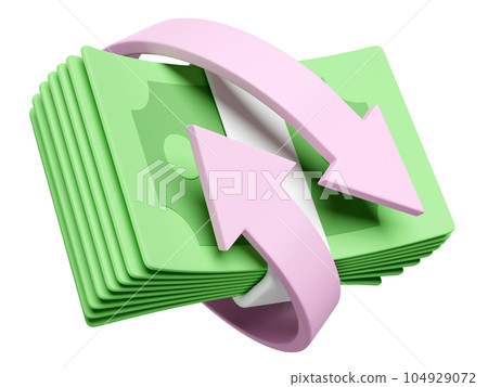3d banknote stack isolated. transfer arrows, cashback, saving money wealth business concept, 3d render illustration 3d banknote stack isolated. transfer arrows, cashback, saving money wealth business concept, 3d render illustration 104929072