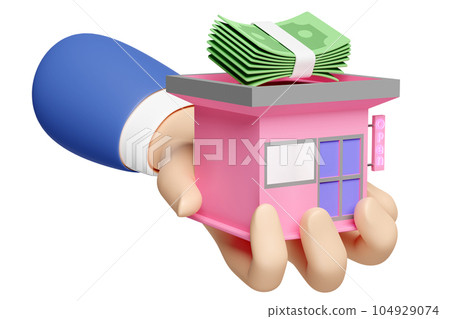 3d businessman hands hold building shop store front with banknote stack icon isolated. startup franchise business, saving money, business growth concept, 3d render illustration 104929074