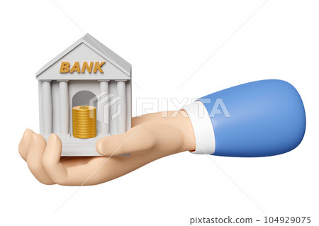 3d businessman hands holding bank or tax office building with money icon isolated. bank financing, money exchange concept, 3d render illustration 3d businessman hands holding bank or tax office building with money icon isolated. bank financing, money exchange concept, 3d render illustration 104929075