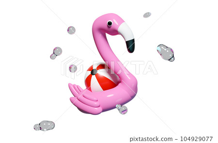 3d pink Inflatable flamingo with water splash, copy space isolated. summer travel concept, 3d render illustration 3d pink Inflatable flamingo with water splash, copy space isolated. summer travel concept, 3d render illustration 104929077