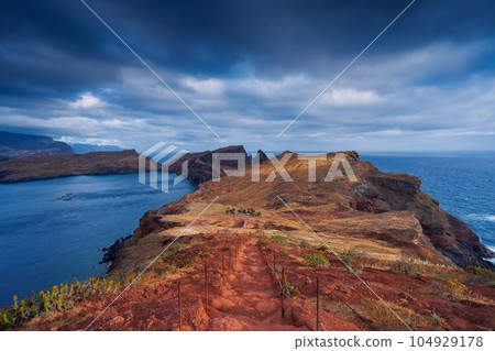 Volcanic sea cliffs of the Sao Lourenco peninsula, eastern Madeira, Portugal, Atlantic Ocean Volcanic sea cliffs of the Sao Lourenco peninsula, eastern Madeira, Portugal, Atlantic Ocean 104929178