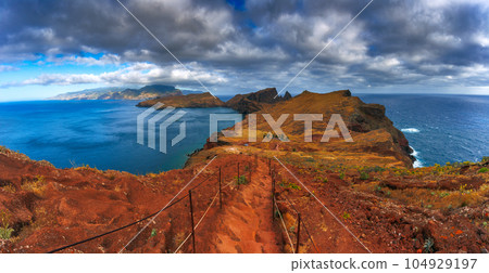 Volcanic sea cliffs of the Sao Lourenco peninsula, eastern Madeira, Portugal, Atlantic Ocean Volcanic sea cliffs of the Sao Lourenco peninsula, eastern Madeira, Portugal, Atlantic Ocean 104929197