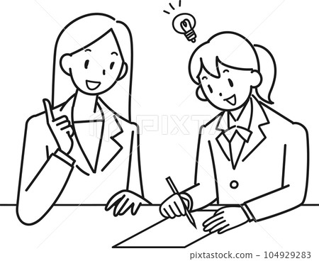 A smiling high school girl receiving individual guidance from a female instructor 104929283
