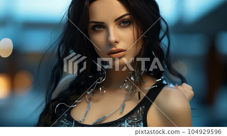 Digital art female portrait of a beautiful brunette outdoors AI 104929596