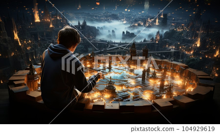 Man and futuristic technological progress city. Future technologies, Internet Business, Digital technology AI 104929619