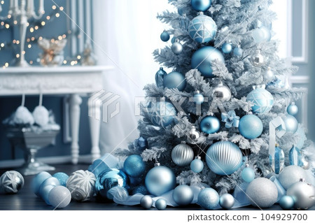Christmas abstract tree decorated with blue balls. Generative AI Christmas abstract tree decorated with blue balls. Generative AI 104929700