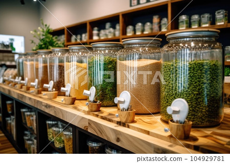 Blurred background of interior in zero waste shop. Customers buying dry goods and bulk products in plastic free grocery store. Conscious shopping, sustainable small businesses, minimalist lifestyle. 104929781
