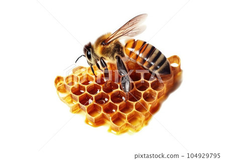 Close-up bee on honey comb with honey, isolated on transparent background cutout. Generative AI 104929795