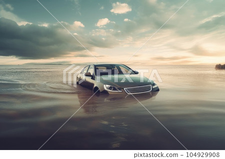 Car swamped in flood water. Generative AI 104929908
