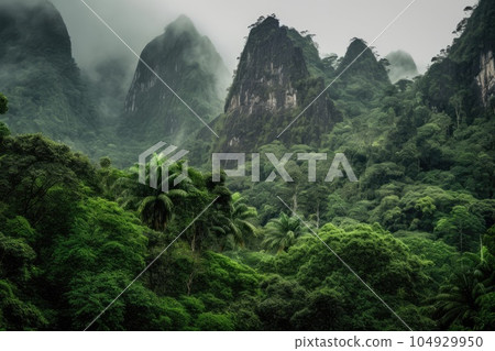 Tropical rainforest growth surrounds mountain. Generated AI 104929950