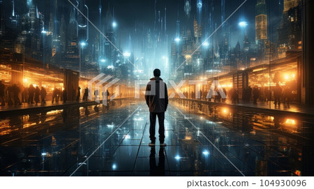 Man and futuristic technological progress city. Future technologies, Internet Business, Digital technology AI Man and futuristic technological progress city. Future technologies, Internet Business, Digital technology AI 104930096