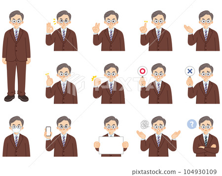 Senior businessman president manager illustration material set of facial expressions and gestures Senior businessman president manager illustration material set of facial expressions and gestures 104930109