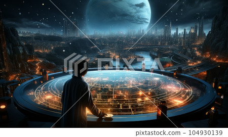 Man and futuristic technological progress city. Future technologies, Internet Business, Digital technology AI Man and futuristic technological progress city. Future technologies, Internet Business, Digital technology AI 104930139