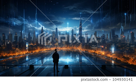 Man and futuristic technological progress city. Future technologies, Internet Business, Digital technology AI Man and futuristic technological progress city. Future technologies, Internet Business, Digital technology AI 104930141