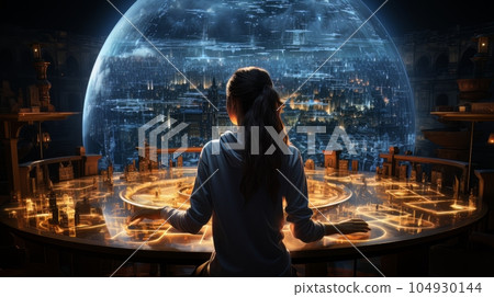Girl and futuristic technological progress city. Future technologies, Internet Business, Digital technology AI Girl and futuristic technological progress city. Future technologies, Internet Business, Digital technology AI 104930144