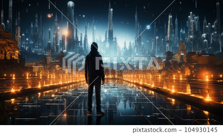 Man and futuristic technological progress city. Future technologies, Internet Business, Digital technology AI Man and futuristic technological progress city. Future technologies, Internet Business, Digital technology AI 104930145