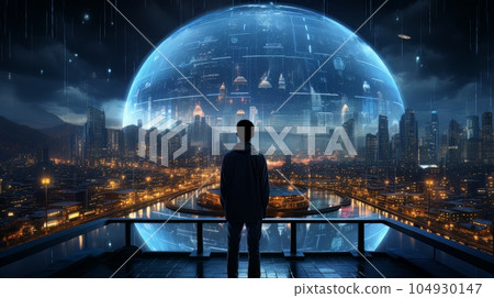Man and futuristic technological progress city. Future technologies, Internet Business, Digital technology AI Man and futuristic technological progress city. Future technologies, Internet Business, Digital technology AI 104930147