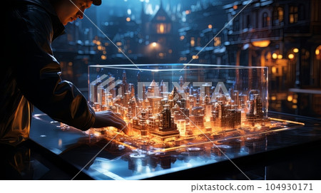 Man and futuristic technological progress city. Future technologies, Internet Business, Digital technology AI 104930171