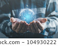 Man hand holding a virtual globe, connection concept. 104930222