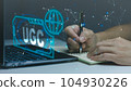User-generated content concept, (UGC) Online marketing concept, Customer create content on social media, Close up hand holding pen. 104930226