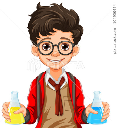 Male student cartoon holding conical flask on science class experiment Male student cartoon holding conical flask on science class experiment 104930454