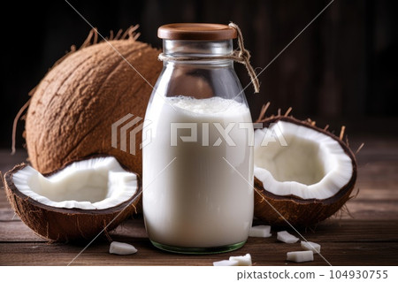 Coconut milk on a wooden background. Coconut… - Stock Illustration