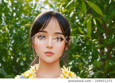 一位年輕女子站在熱帶樹木中的插圖 AI 生成的圖像 一位年輕女子站在熱帶樹木中的插圖 AI 生成的圖像 104931253