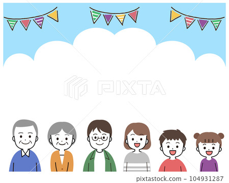 Simple and cute frame illustration of blue sky and three generation family Simple and cute frame illustration of blue sky and three generation family 104931287