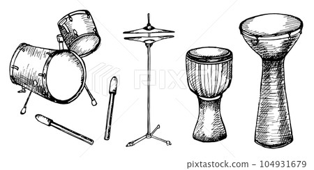 Drum kit, drumsticks vector illustration isolated. Musical instrument ink hand drawn. Percussion instrument black white silhouette. Design element for for flyer, live concert events, brochure, poster Drum kit, drumsticks vector illustration isolated. Musical instrument ink hand drawn. Percussion instrument black white silhouette. Design element for for flyer, live concert events, brochure, poster 104931679