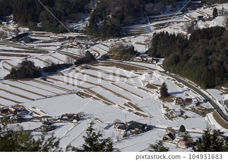 Mikawachi, a heritage of connecting terraced rice fields, view of snow from Mt. Mitsuko Mikawachi, a heritage of connecting terraced rice fields, view of snow from Mt. Mitsuko 104931683