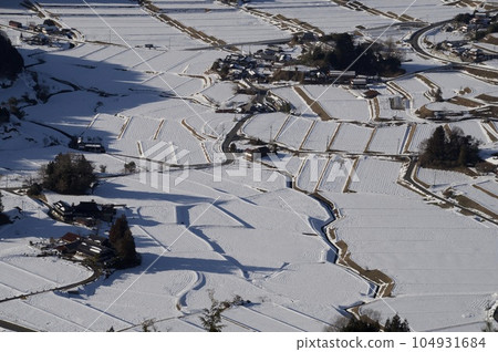 Mikawachi, a heritage of connecting terraced rice fields, view of snow from Mt. Mitsuko (north/east) Mikawachi, a heritage of connecting terraced rice fields, view of snow from Mt. Mitsuko (north/east) 104931684