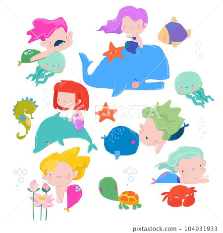 Cartoon Set with Cute Mermaids and Inhabitants of the Sea World on White Background 104931933