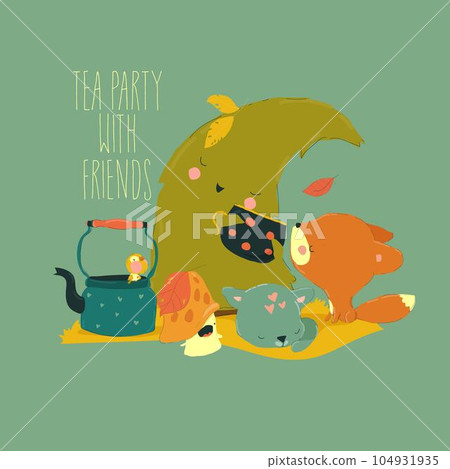 Cartoon Illustration Tea Party with Cute Animals Friends 104931935