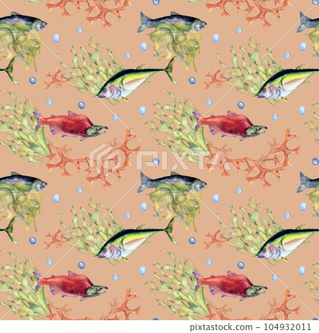 Various wild sea fish seamless pattern watercolor illustration isolated on pink. Seaweeds, tuna, salmon, coho, sea plants hand drawn. Design element for textile, packaging, paper, wrapping, banner Various wild sea fish seamless pattern watercolor illustration isolated on pink. Seaweeds, tuna, salmon, coho, sea plants hand drawn. Design element for textile, packaging, paper, wrapping, banner 104932011