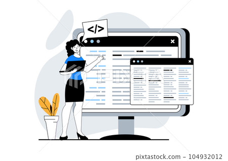 Web development concept with people scene in flat design. Woman working with programming code at computer screen and making layout. Vector illustration for social media banner, marketing material. Web development concept with people scene in flat design. Woman working with programming code at computer screen and making layout. Vector illustration for social media banner, marketing material. 104932012