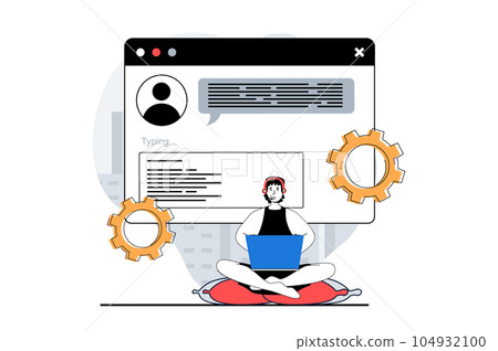 Technical support concept with people scene in flat design for web. Man chatting online with client, finding solvings and gives advice. Vector illustration for social media banner, marketing material. Technical support concept with people scene in flat design for web. Man chatting online with client, finding solvings and gives advice. Vector illustration for social media banner, marketing material. 104932100