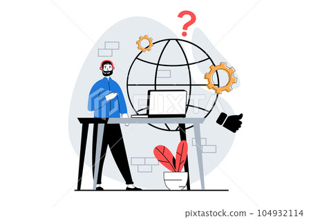 Technical support concept with people scene in flat design for web. Man answering calls at helpdesk, consulting and gets feedback. Vector illustration for social media banner, marketing material. Technical support concept with people scene in flat design for web. Man answering calls at helpdesk, consulting and gets feedback. Vector illustration for social media banner, marketing material. 104932114