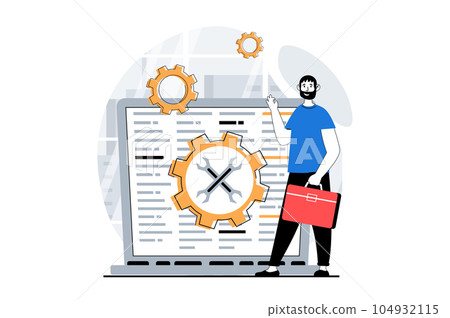 Technical support concept with people scene in flat design for web. Man consulting clients with problems, finding solving for users. Vector illustration for social media banner, marketing material. 104932115