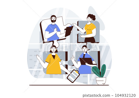 Teamwork concept with people scene in flat design for web. Man and woman working in team, discussing project parts and making tasks. Vector illustration for social media banner, marketing material. 104932120