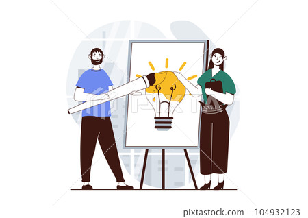 Teamwork concept with people scene in flat design for web. Man and woman painting light bulb together, finding ideas and solvings. Vector illustration for social media banner, marketing material. Teamwork concept with people scene in flat design for web. Man and woman painting light bulb together, finding ideas and solvings. Vector illustration for social media banner, marketing material. 104932123
