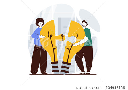 Teamwork concept with people scene in flat design for web. Woman and man holding light bulb pieces, brainstorming and collaboration. Vector illustration for social media banner, marketing material. 104932138