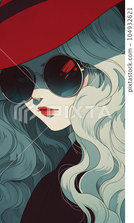 戴著寬邊帽和深紅色墨鏡的女人（生成 AI） 104932621