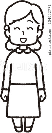 一個女人面向前方微笑的全身線條畫插圖 104932771