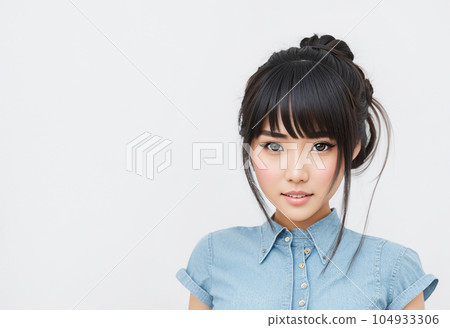 白色背景 AI 生成圖像上穿著休閒服的年輕女子的插圖 104933306