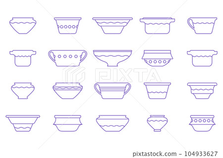 Ancient plate and bowl icon set. Vector illustration dish in line art Ancient plate and bowl icon set. Vector illustration dish in line art 104933627