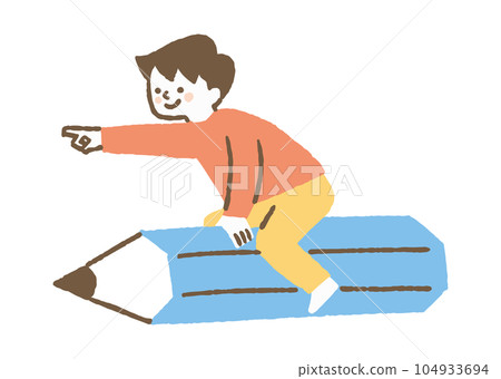 一個騎著鉛筆並指著手指的男孩_color 104933694
