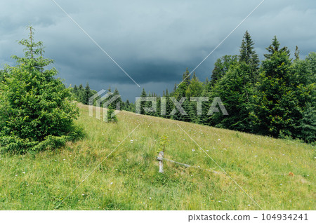 Green Ukrainian mountains in front of the storm. Summer time. Beautiful view of the largest peaks. 104934241
