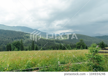 Green Ukrainian mountains in front of the storm. Summer time. Beautiful view of the largest peaks. 104934246