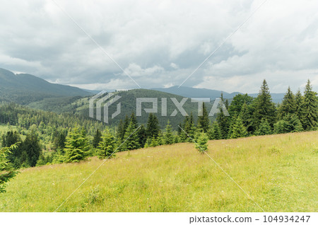 Green Ukrainian mountains in front of the storm. Summer time. Beautiful view of the largest peaks. 104934247