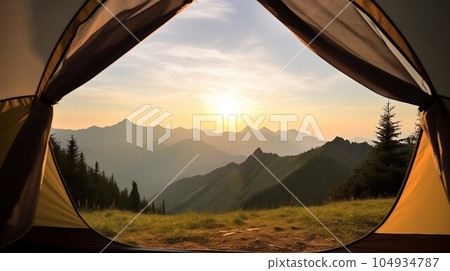 Camping tents in a mountain valley, scenic mountain view from the tent 104934787